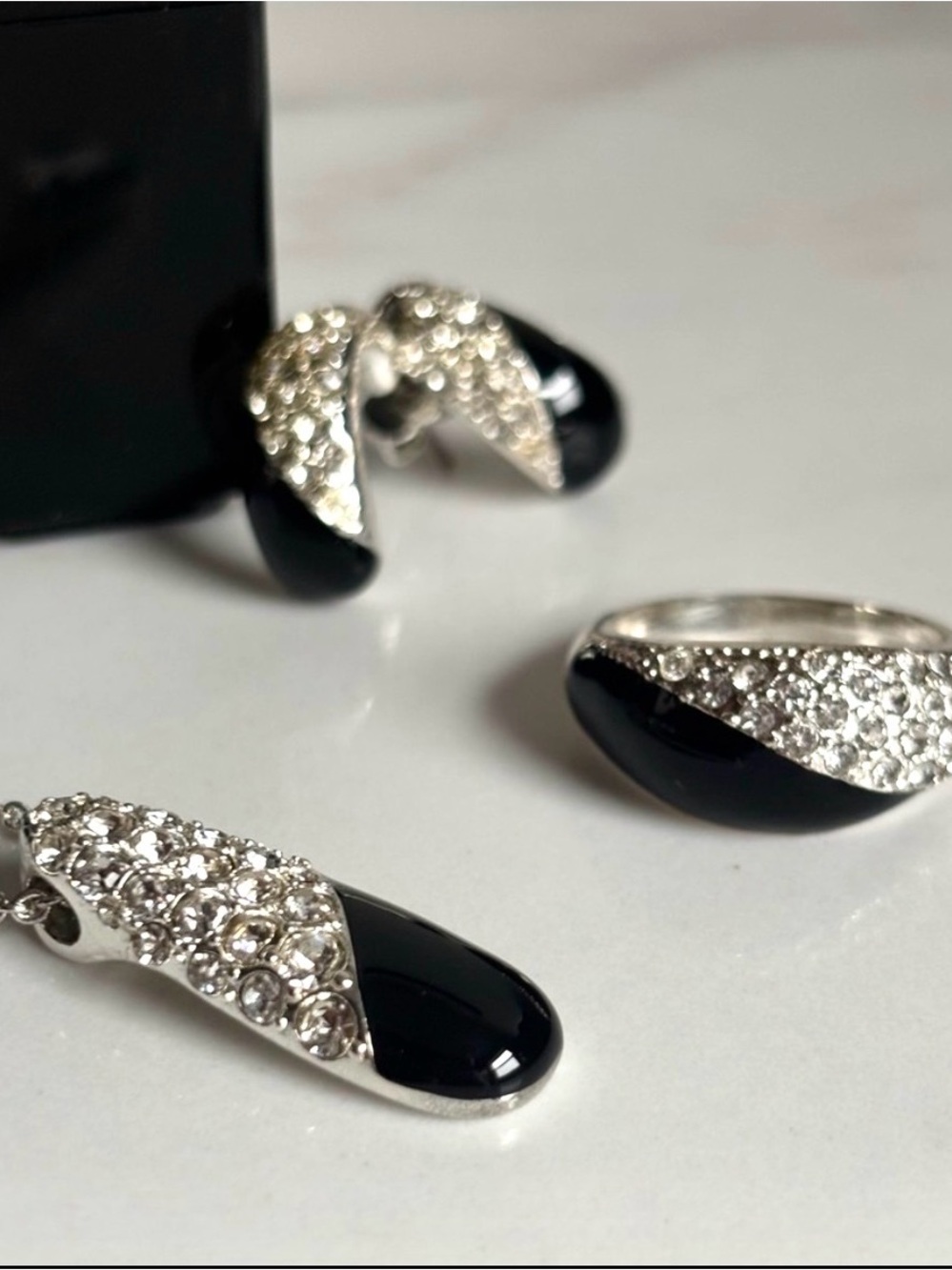 Avon Black Clear Pavé Necklace Earrings Ring Set 2013 Art Deco Glam